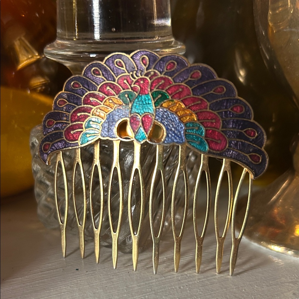 Vintage Cloisonné Peacock Hair Comb